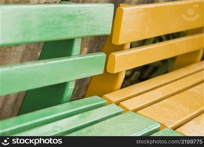 Close-up of two benches, Cinque Terre, Manarola, La Spezia, Liguria, Italy