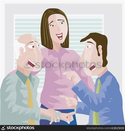 Close-up of two businessmen and a businesswoman arguing