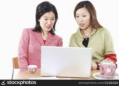 Close-up of two businesswomen using a laptop