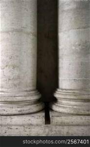 Close-up of two columns at the Roman Forum in Rome, Italy.