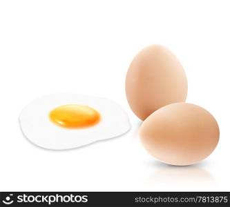 Close up of two eggs and fried egg, isolated on white background.. Egg