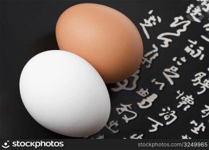 Close-up of two eggs in a plate