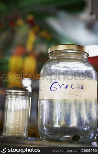 Close-up of two glass jars