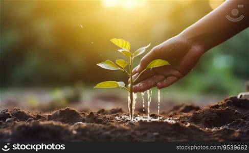 Close-Up of Two Hands Holding Water and Watering Young Tree
