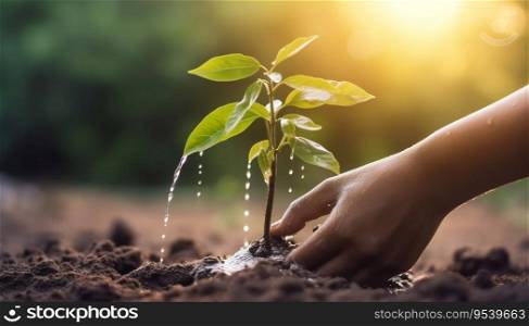 Close-Up of Two Hands Holding Water and Watering Young Tree
