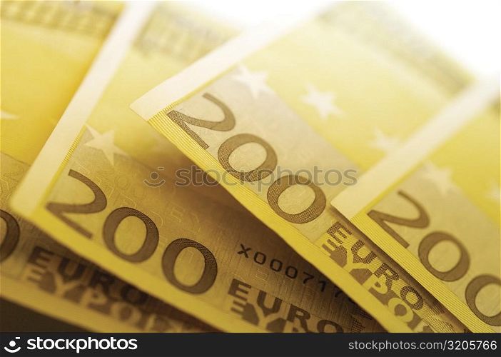 Close-up of two hundred Euro banknotes