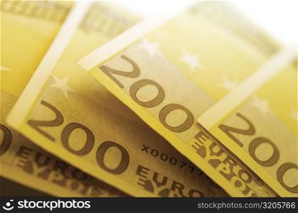 Close-up of two hundred Euro banknotes
