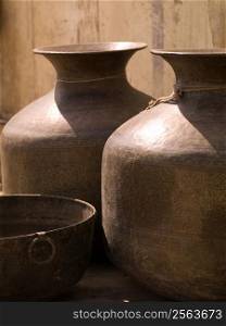 Close-up of two large jugs, Rajasthan, India