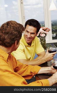 Close-up of two mature men holding glasses of wine and talking