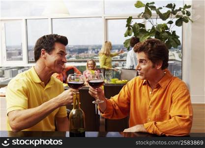 Close-up of two mature men toasting a drink