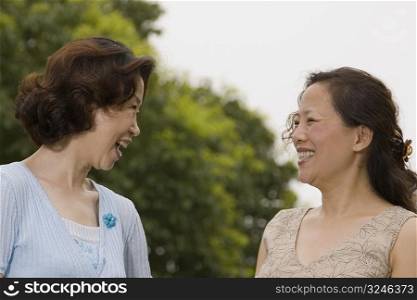 Close-up of two mature women looking at each other and smiling