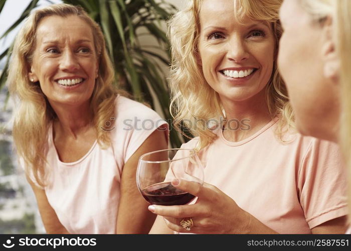 Close-up of two mature women with a mid adult woman sitting together and smiling