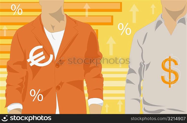 Close-up of two men with a dollar sign and Euro sign on their shirts