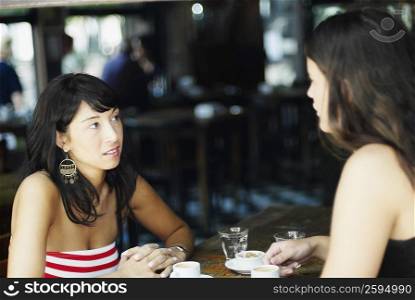 Close-up of two mid adult women sitting together and talking