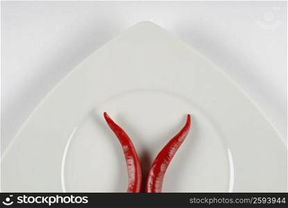 Close-up of two red chili peppers in a plate