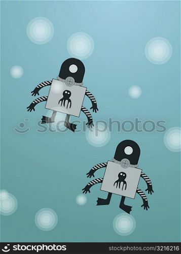 Close-up of two robots on a turquoise background