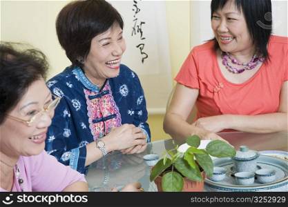 Close-up of two senior women and a mature woman sitting at a table