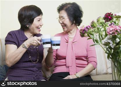 Close-up of two senior women toasting with cups and laughing