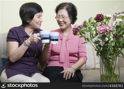 Close-up of two senior women toasting with cups and smiling