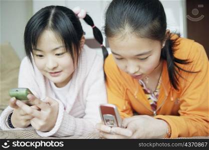 Close-up of two sisters using mobile phones