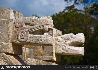 Close-up of two statues of serpent, Chichen Itza, Yucatan, Mexico