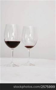 Close-up of two wine glasses on a dining table