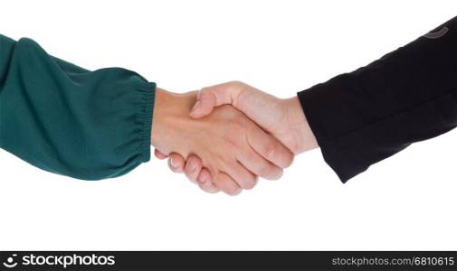 Close up of two women shaking hands, isolated on white