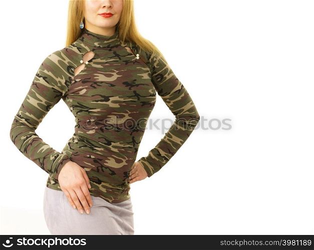Close up of unrecognizable woman wearing moro camo military camouflage top, detail of pattern.. Woman wearing camo moro top