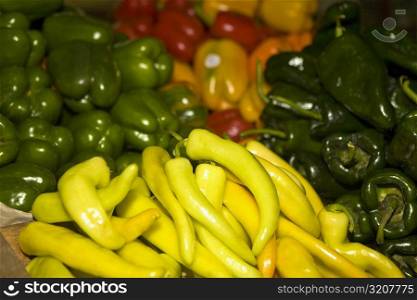 Close-up of various type of bell peppers at a market stall, Zacatecas State, Mexico
