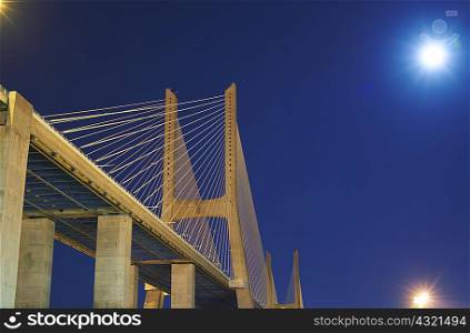 Close up of Vasco da Gama Bridge at night, Lisbon, Portugal