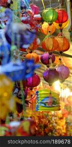 Close up of vibrant color lantern at lanterns street, district 5, Ho chi Minh city, Vietnam