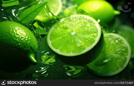 Close-up of vibrant lime slices adorned with water droplets, set against a backdrop of fresh foliage. Ideal for health, culinary, and beverage c&aigns. Created with generative AI tools. Close-up of vibrant lime slices adorned with water droplets, set against a backdrop of fresh foliage. Created by AI tools