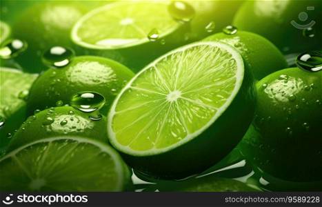 Close-up of vibrant lime slices adorned with water droplets, set against a backdrop of fresh foliage. Ideal for health, culinary, and beverage c&aigns. Created with generative AI tools. Close-up of vibrant lime slices adorned with water droplets, set against a backdrop of fresh foliage. Created by AI tools