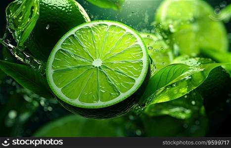 Close-up of vibrant lime slices adorned with water droplets, set against a backdrop of fresh foliage. Ideal for health, culinary, and beverage campaigns. Created with generative AI tools. Close-up of vibrant lime slices adorned with water droplets, set against a backdrop of fresh foliage. Created by AI tools