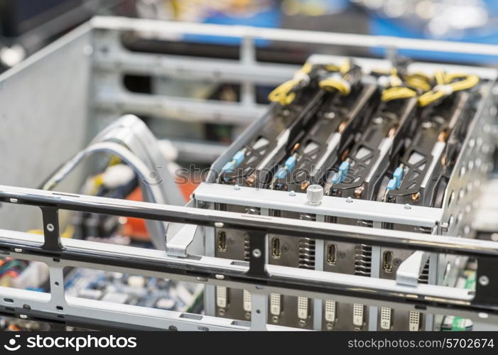 Close-up of video cards in computer manufacturing industry