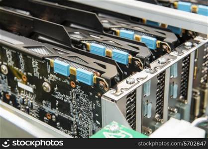 Close-up of video cards in electronics industry