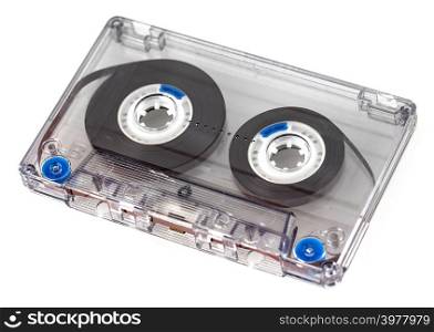 Close up of vintage audio cassette, isolated on white background