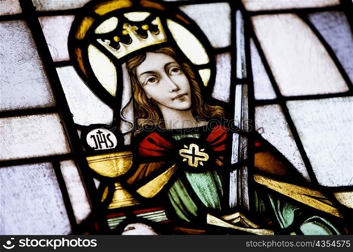 Close-up of Virgin Mary on a stained glass window