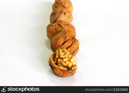close up of wallnuts in file on white background