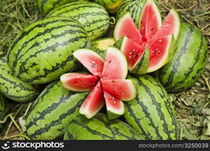 Close-up of watermelons, Zhigou, Shandong Province, China