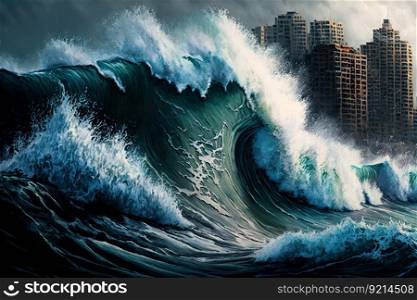 close-up of waves crashing against cliff, with city skyline in the background, created with generative ai. close-up of waves crashing against cliff, with city skyline in the background