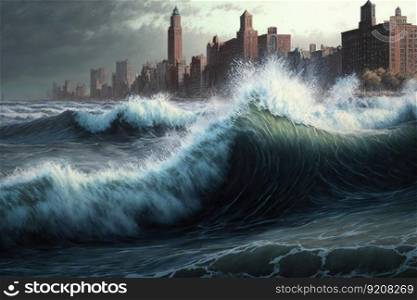 close-up of waves crashing onto the shore, with cityscape in the background, created with generative ai. close-up of waves crashing onto the shore, with cityscape in the background