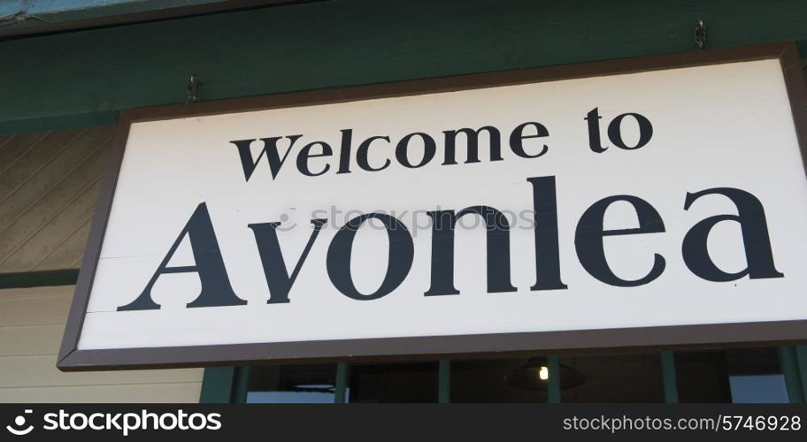 Close-up of welcome sign to Avonlea, Green Gables, Prince Edward Island, Canada