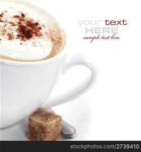 Close-up of white cup of coffee (with sample text)