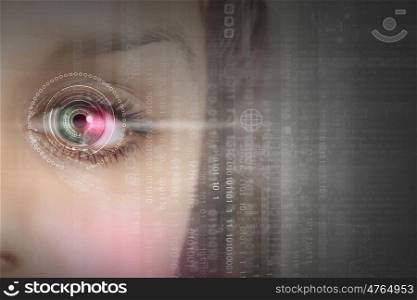 Close up of woman&amp;#39;s eye scanned for access