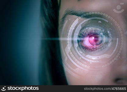 Close up of woman&amp;#39;s eye scanned for access