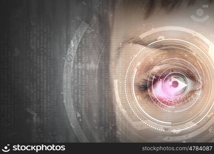 Close up of woman&amp;#39;s eye scanned for access