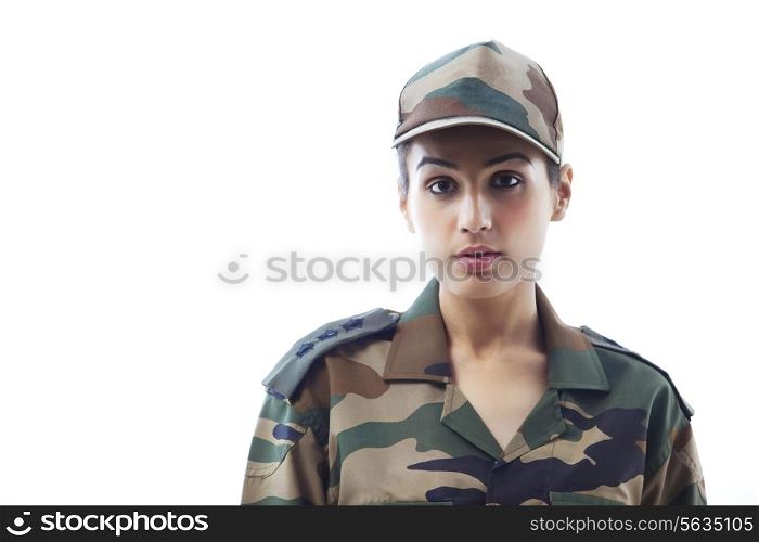 Close-up of woman army soldier against white background