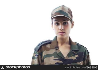 Close-up of woman army soldier against white background