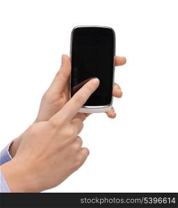 close up of woman hand pointing at smartphone display